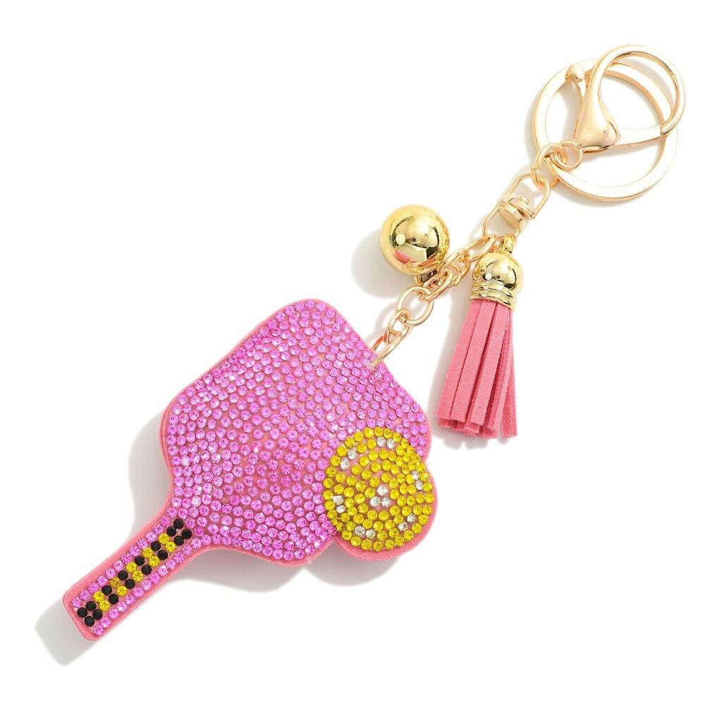 Pink Rhinestone Pickleball Racket Keyring With Tassel